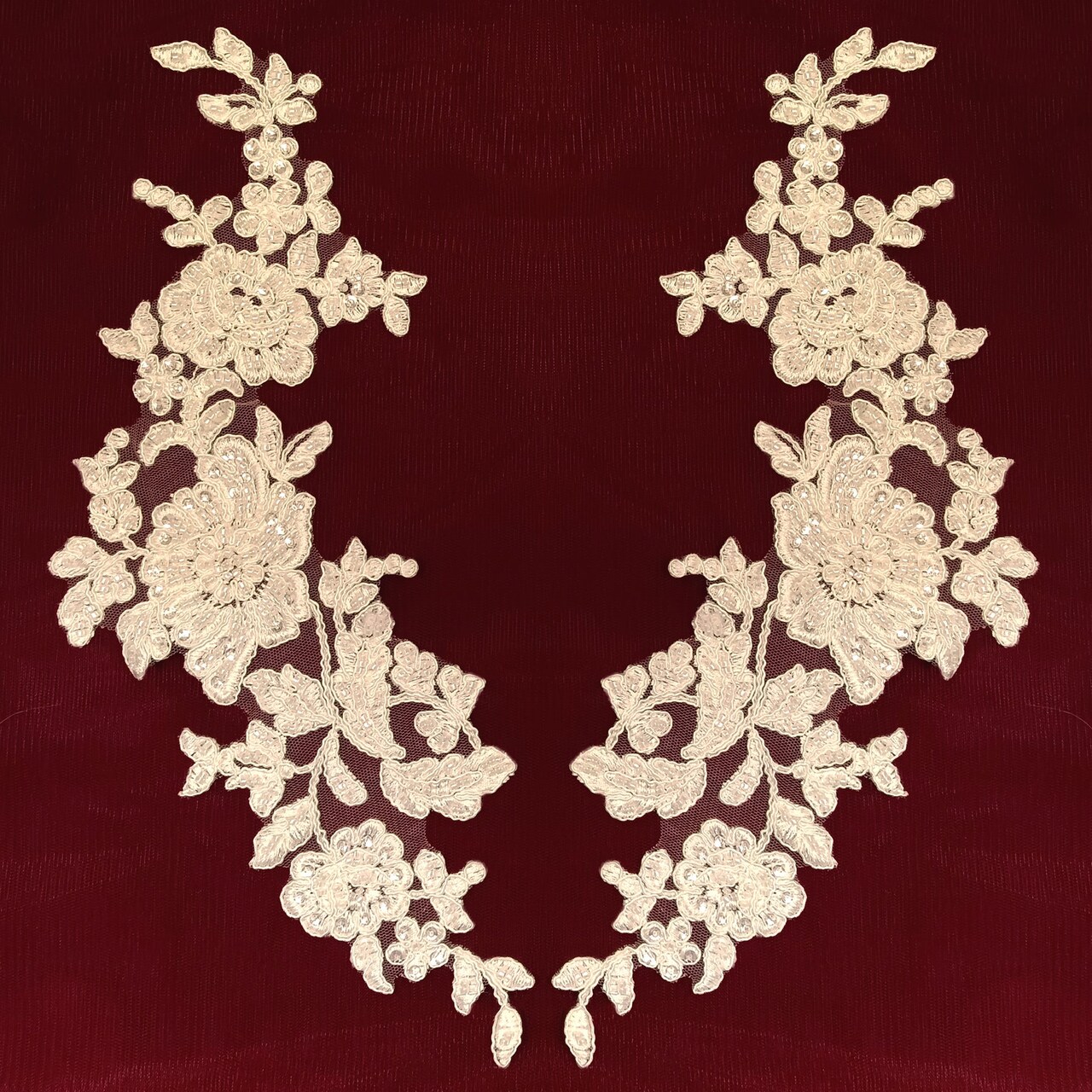 1 Pair Beaded & Corded Floral Lace Applique on 100% Polyester Net Mesh 13" x 3" Each Side